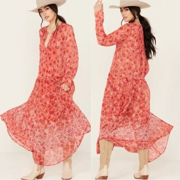 Free People See It Through Maxi Dress in Red Floral Size Large Bohemian - Picture 4 of 15